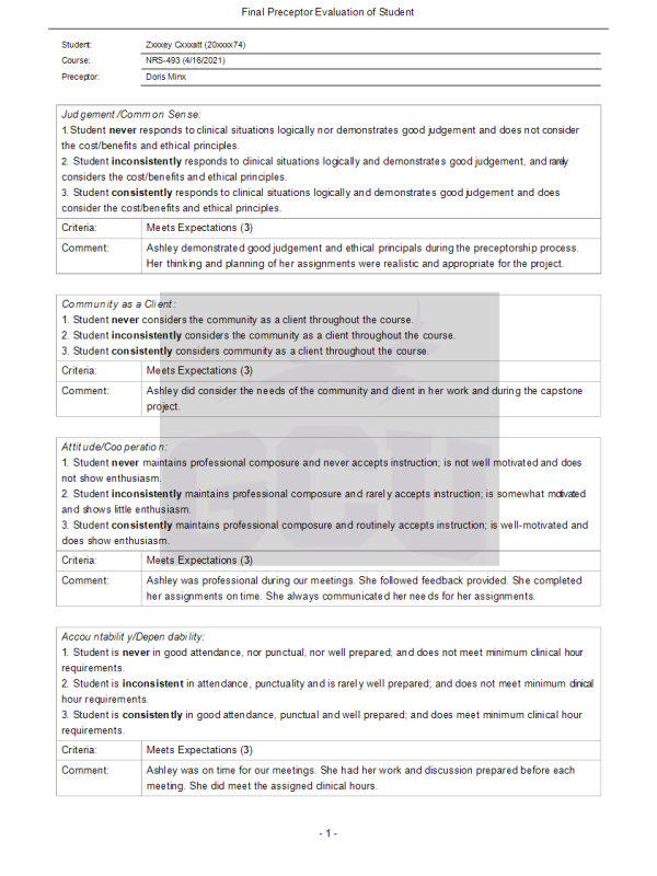 NRS 493 Topic 10 Assignment; Final Evaluation of Student by Preceptor