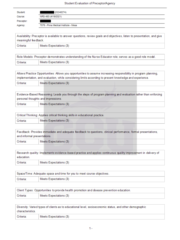 NRS 493 Topic 10 Assignment; Student Evaluation of Preceptor and Site