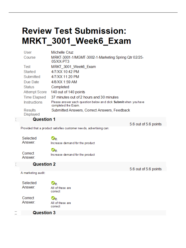 MRKT 3001 Week 6 Final Exam: 100% Correct Spring Qtr