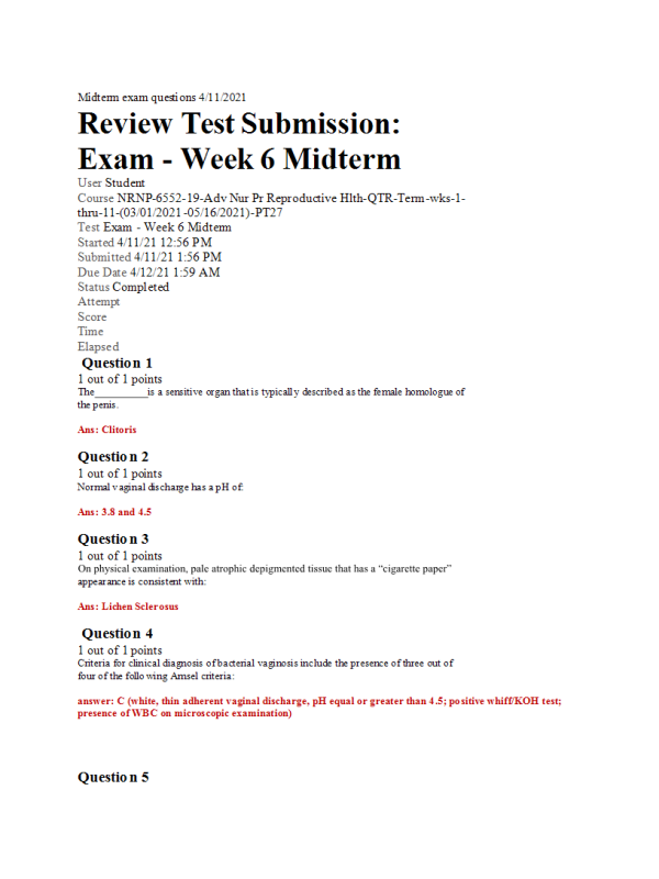 NRNP 6552 Week 6 Midterm Answers