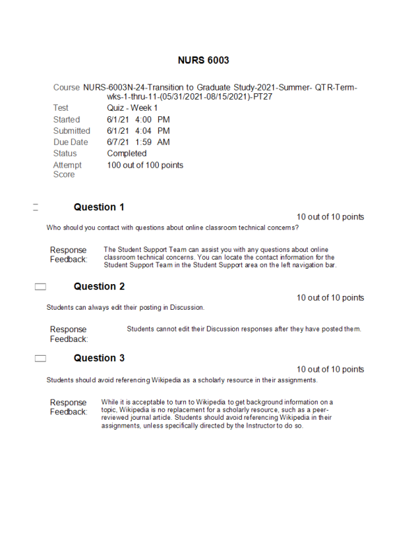 NURS 6003 Week 1 Quiz; Walden's Student Readiness Orientation (100 out of 100 Points)