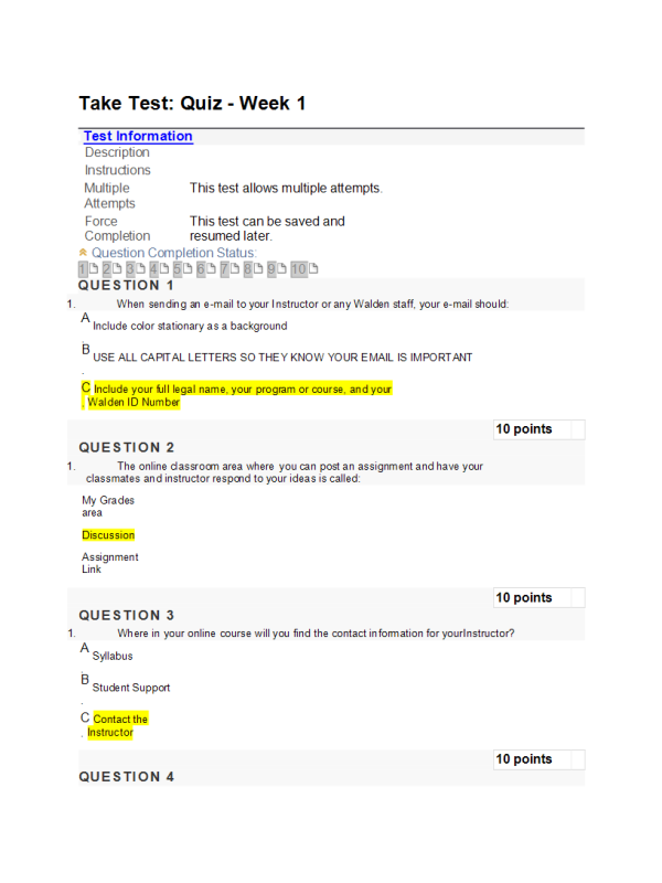 NURS 6003 Week 1 Quiz; Walden's Student Readiness Orientation (100 out of 100 points)