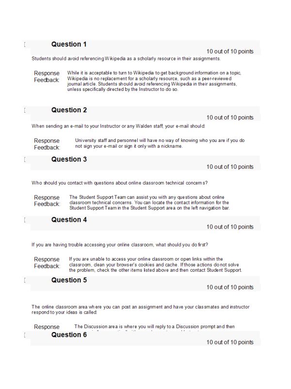 NURS 6003 Week 1 Quiz; Walden's Student Readiness Orientation (100 out of 100 Points)