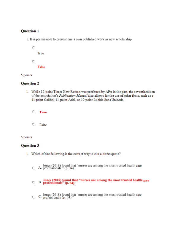 NURS 6003 Week 4 Quiz; APA Style and Format (100 out of 100 points)