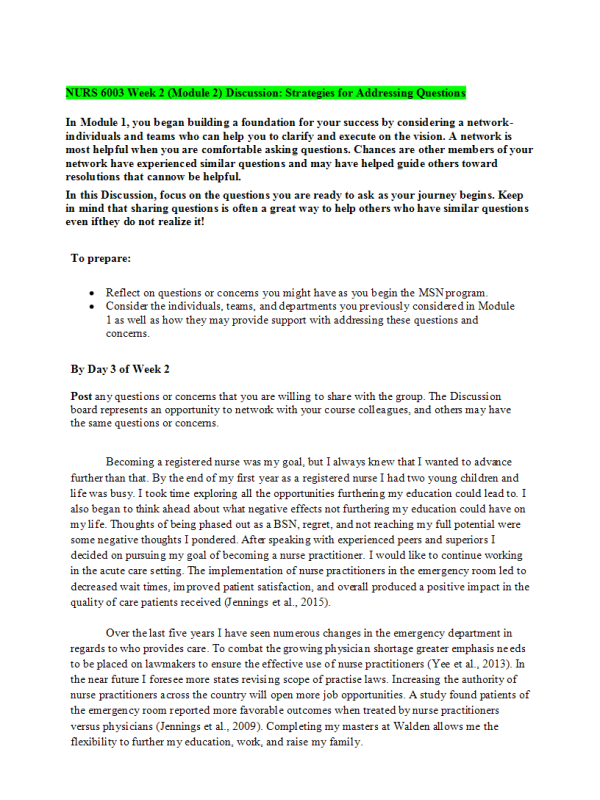 NURS 6003 Week 2 (Module 2) Discussion; Strategies for Addressing Questions