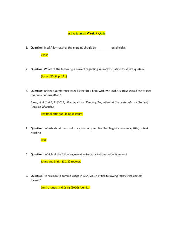 NURS 6003 Week 4 Quiz; APA Style and Format (Collection)