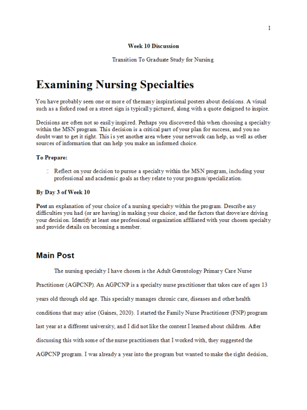 NURS 6003 Week 10 DiscussionExamining Nursing Specialties