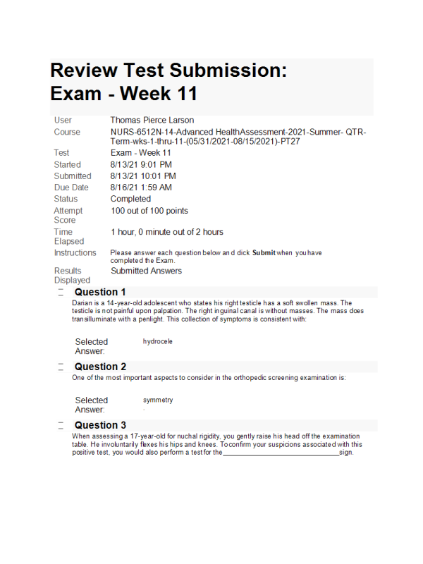 NURS 6512N-14 Week 11 Final Exam (100% Correct)