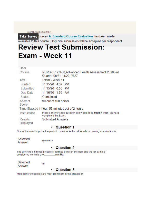 NURS 6512N-38 Week 11 Final Exam (Score: 99 out of 100)