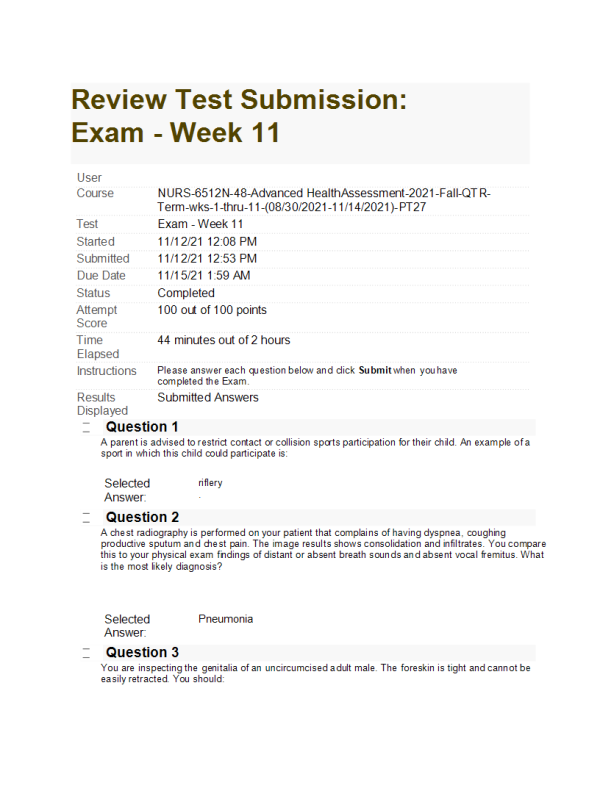 NURS 6512N-48 Week 11 Final Exam (100 out of 100 Points)