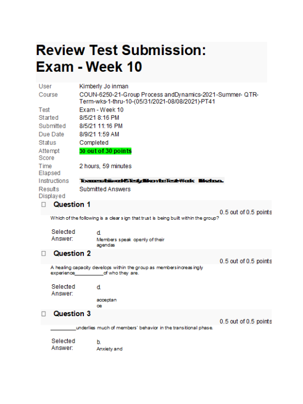COUN 6250-21, Group Process and Dynamics, Week 10 Final Exam