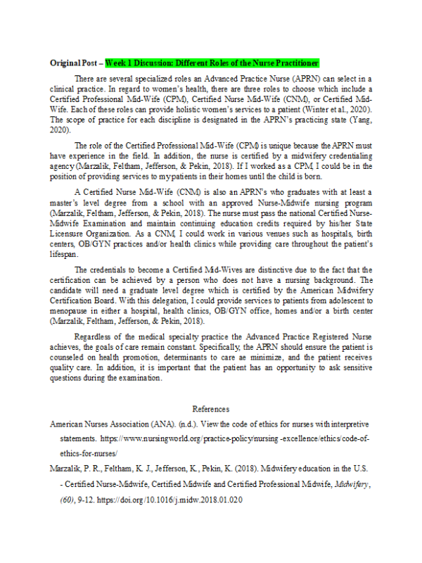 NRNP 6552 Week 1 Discussion; Different Roles of the Nurse Practitioner