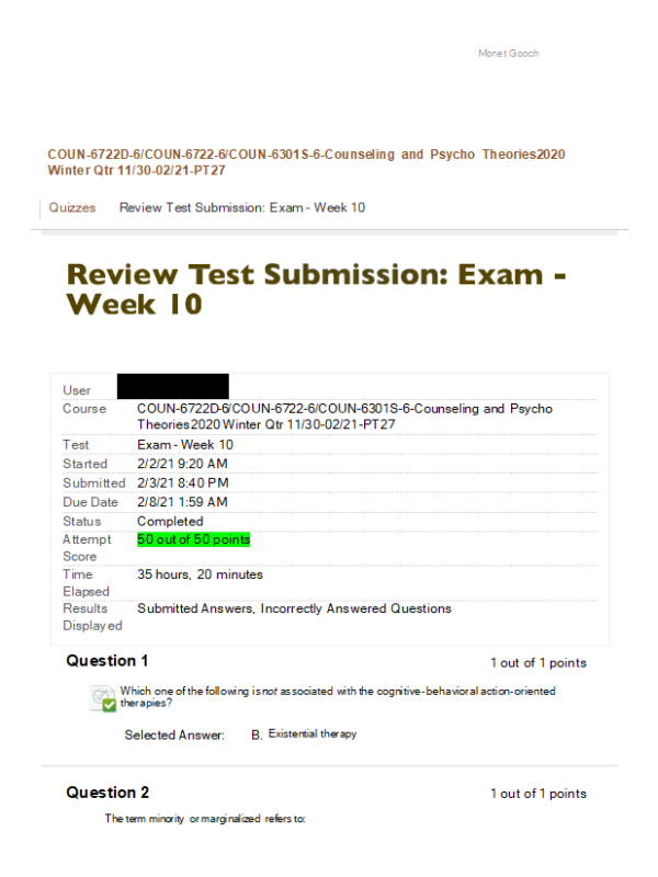 COUN 6722D-6, COUN 6722-6, COUN 6301S-6, Counseling and Psycho Theories Week 10 Final Exam (100% Correct)