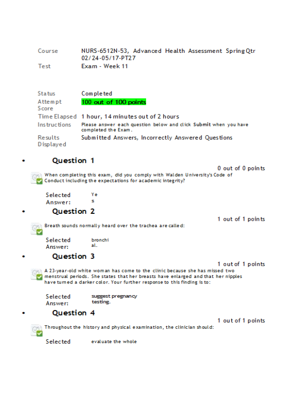 NURS-6512N-53, Advanced Health Assessment Week 11 Final Exam (100% Correct Spring Qtr)