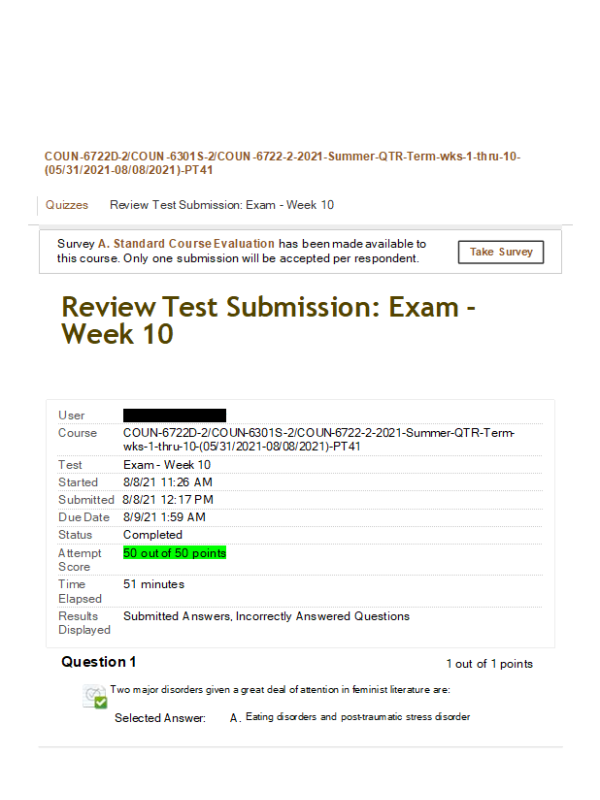 COUN 6722D-2, COUN 6301S-2, COUN 6722-2, Week 10 Final Exam (100% Correct Summer-QTR)