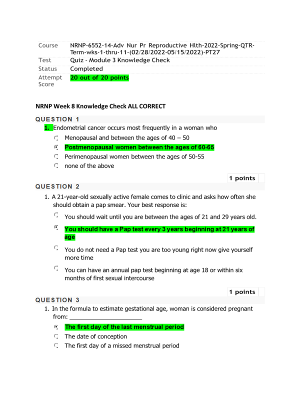 NRNP 6552 Week 8 Knowledge Check Module 3 (20 out of 20 Point)