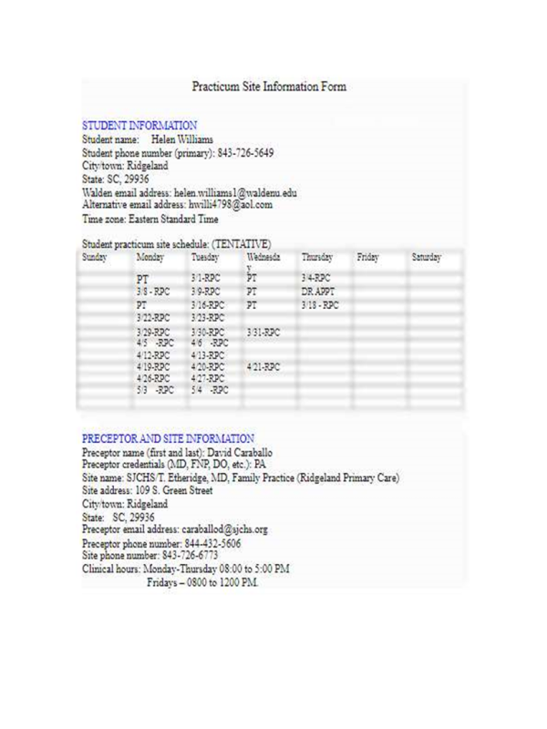 PRAC 6540 Week 1 Assignment 1; Practicum Site Information