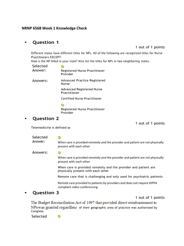 NRNP 6568 Week 1 Knowledge Check - Professional Issues (10 out of 10 Points Fall QTR)