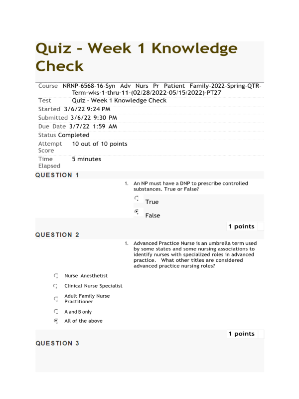 NRNP 6568 Week 1 Knowledge Check - Professional Issues (10 out of 10 Points)