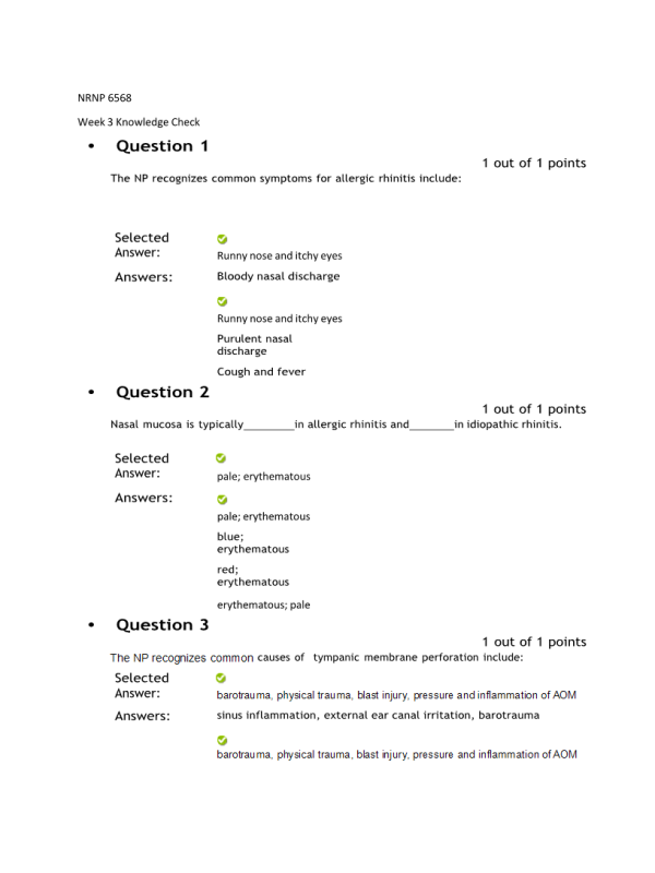 NRNP 6568 Week 3 Knowledge Check - HEENT Conditions (10 out of 10 Points)