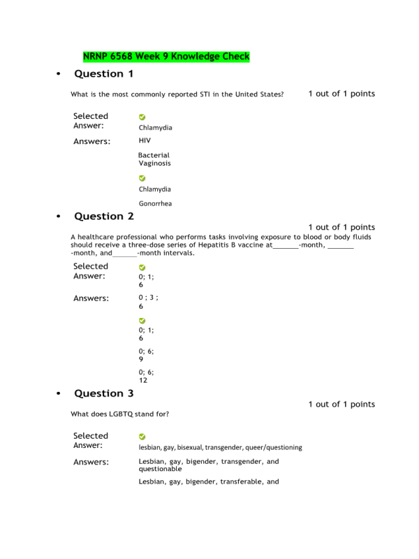 NRNP 6568 Week 9 Knowledge Check - Preventative Health and Special Populations (10 out of 10 Points)