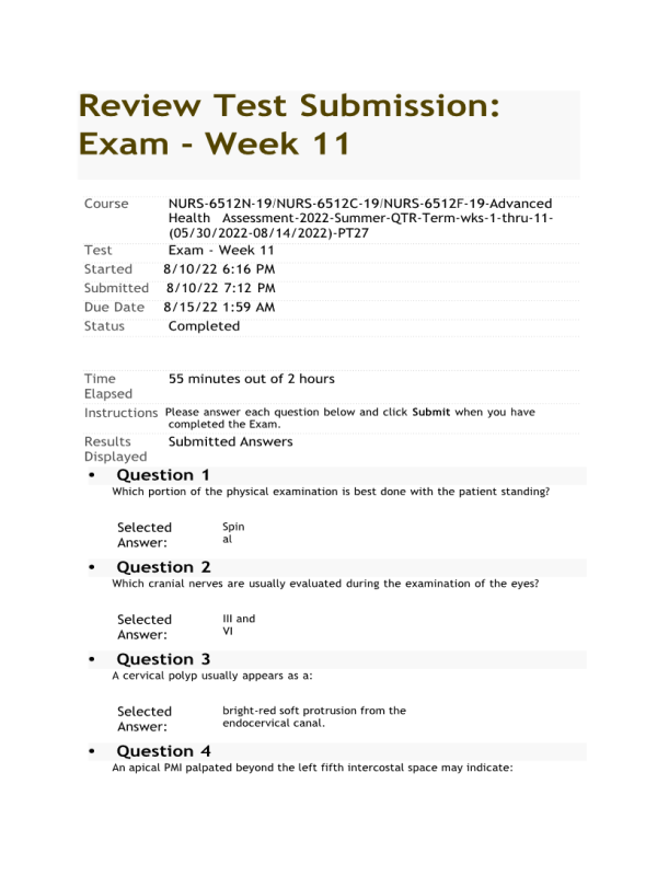 NURS 6512N-19, NURS-6512C-19, NURS-6512F-19, Advanced Health Assessment; Exam - Week 11 Final