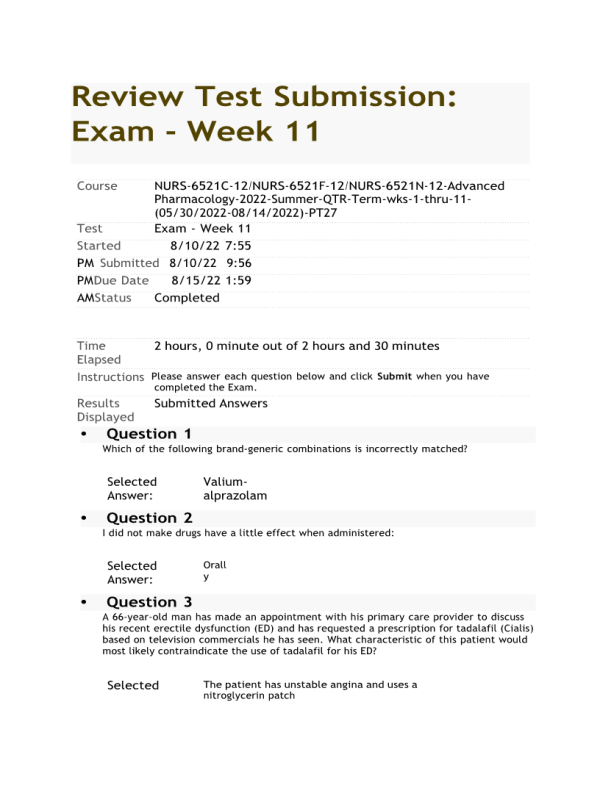 NURS 6521C-12, NURS-6521F-12, NURS-6521N-12, Advanced Pharmacology; Exam - Week 11 Final