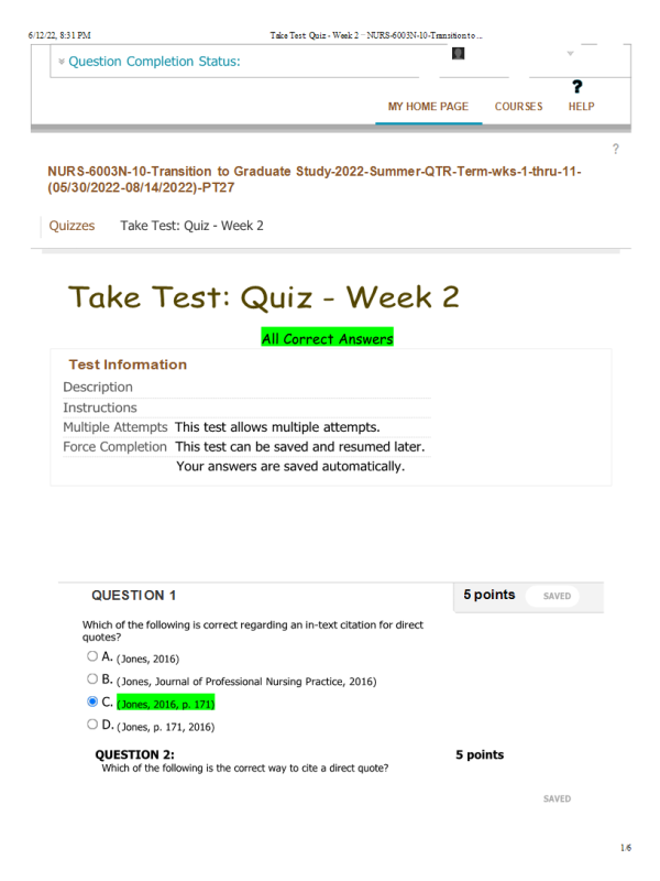 NURS 6003 Week 2 Quiz; APA Style and Format