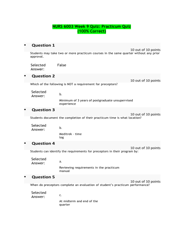 NURS 6003 Week 9 Quiz; Practicum Quiz (100 out of 100 Points)