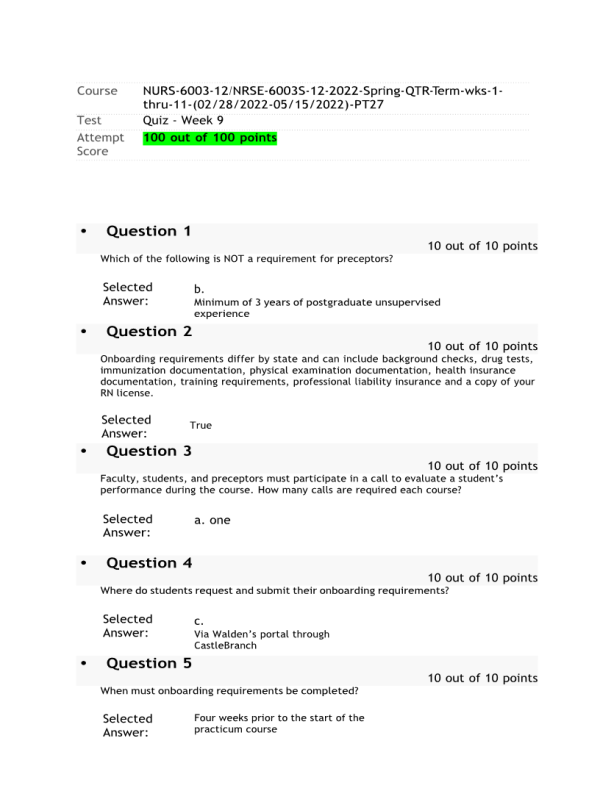 NURS 6003 Week 9 Quiz; Practicum Quiz (100 out of 100 Points)