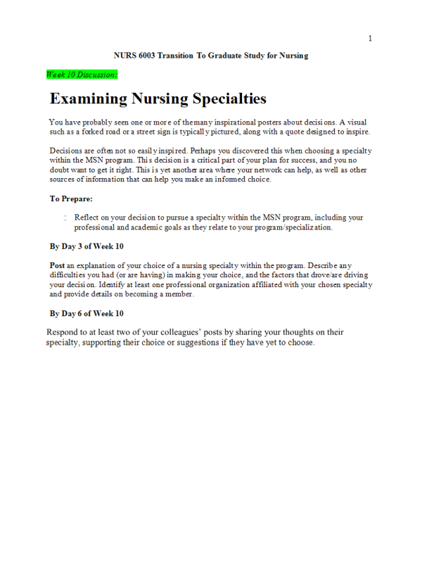 NURS 6003 Week 10 Discussion; Examining Nursing Specialties