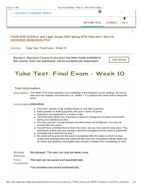 COUN 6306-32, Week 10 Final Exam (25 out if 25 points)