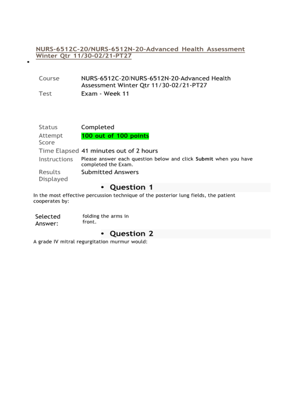 NURS 6512C-20, NURS-6512N-20 Week 11 Final Exam (100 out of 100 Points)