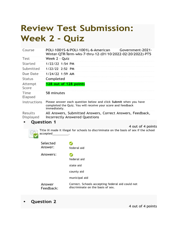 POLI 1001 Week 2 Quiz (128 out of 128 Points)