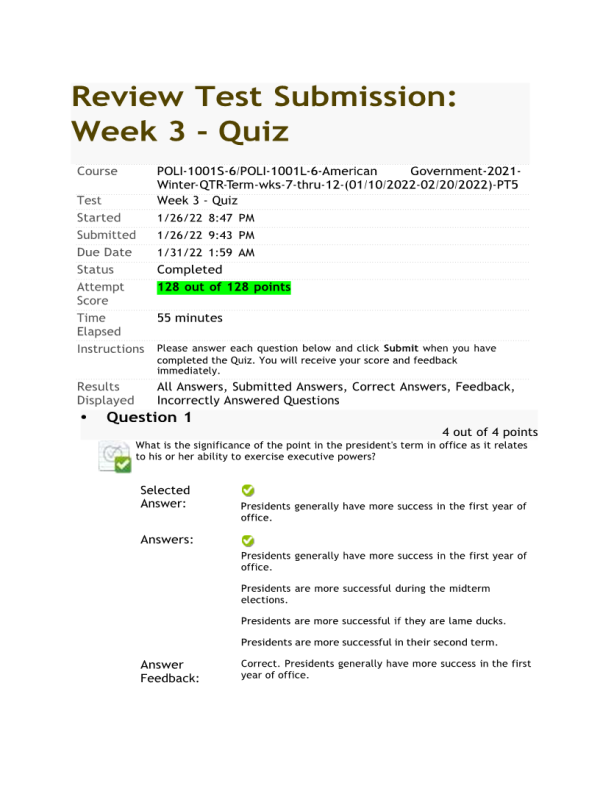 POLI 1001 Week 3 Quiz (128 out of 128 Points)