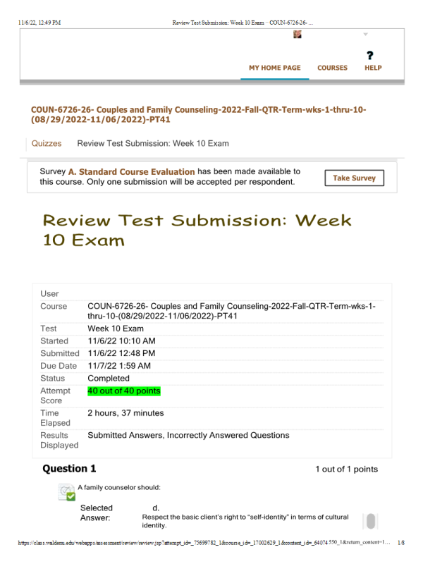 COUN 6726-26, Couples and Family Counseling, Week 10 Exam (Fall QTR): Uploaded 2023