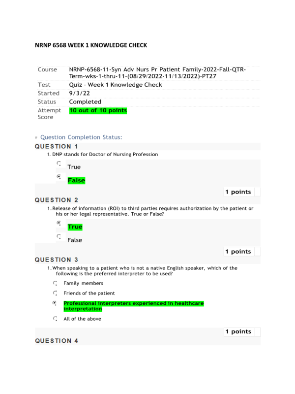 NRNP 6568 Week 1 Quiz - Knowledge Check (10 out of 10 Points)