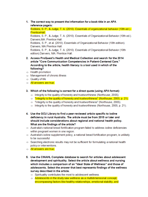 NUR 513 Topic 6 Quiz; APA, GCU Library Resources, and Scholarly Research (Fall Term)