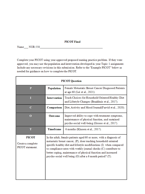 NUR 550 Topic 3 Assignment; Evidence-Based Practice Project Proposal; PICOT