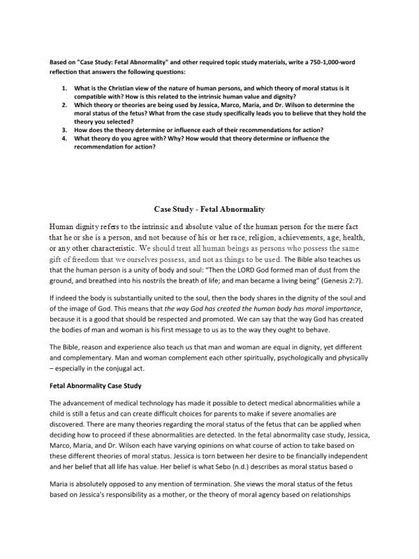 PHI 413V Topic 2 Assignment; Case Study - Fetal Abnormality