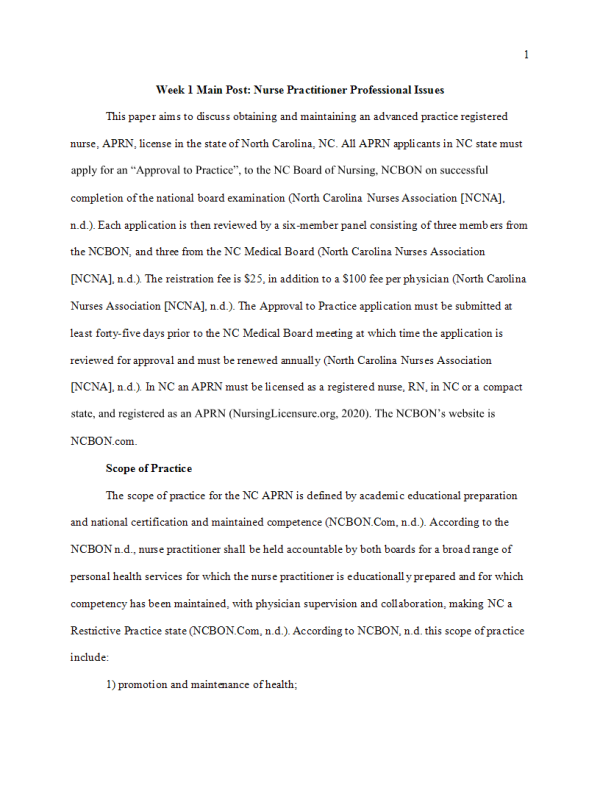 NRNP 6675 Week 1 Discussion; Certification and Licensure Plan - APRN, license in the state of North Carolina