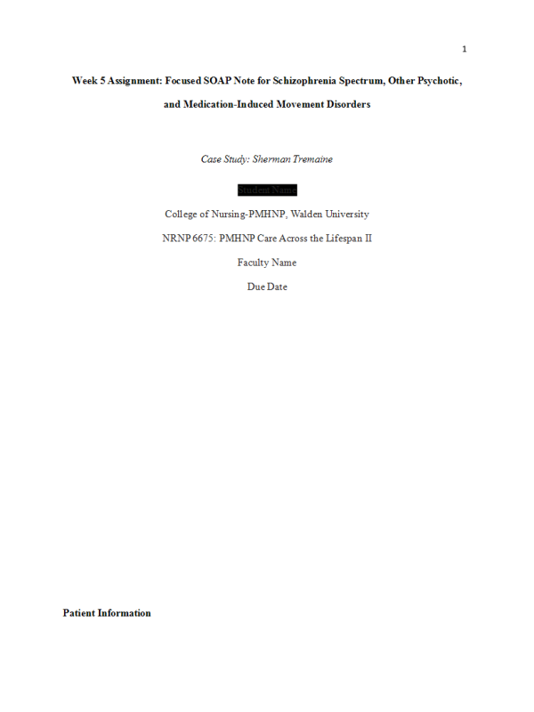 NRNP 6675 Week 5 Assignment; Focused SOAP Note for Schizophrenia Spectrum, Other Psychotic,and Medication-Induced Movement Disorders