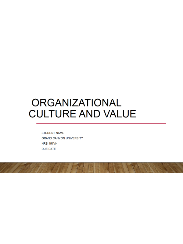 NRS 451VN Topic 4 Assignment; Organizational Culture and Values; 10-15 slide PowerPoint Presentation with speaker notes (loom)