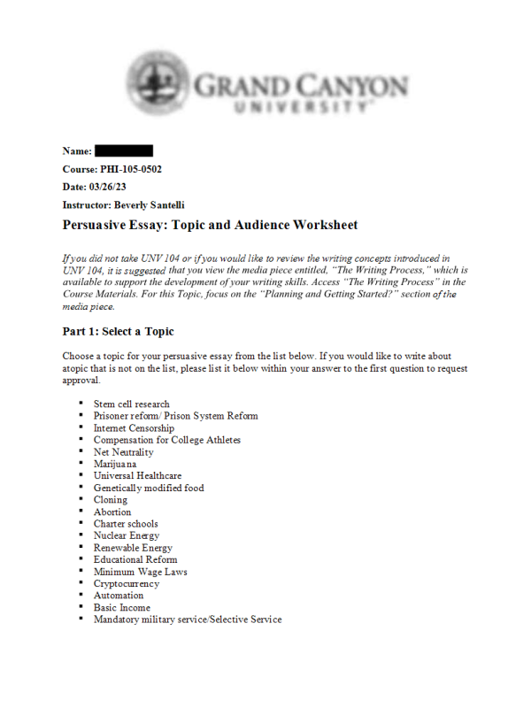 PHI 105 Topic 1 Assignment; Persuasive Essay; Topic and Audience Worksheet