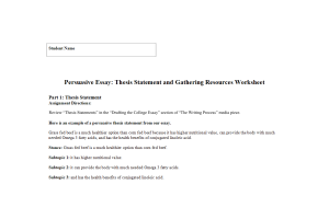 PHI 105 Topic 3 Assignment; Persuasive Essay; Thesis Statement and Gathering Resources Worksheet