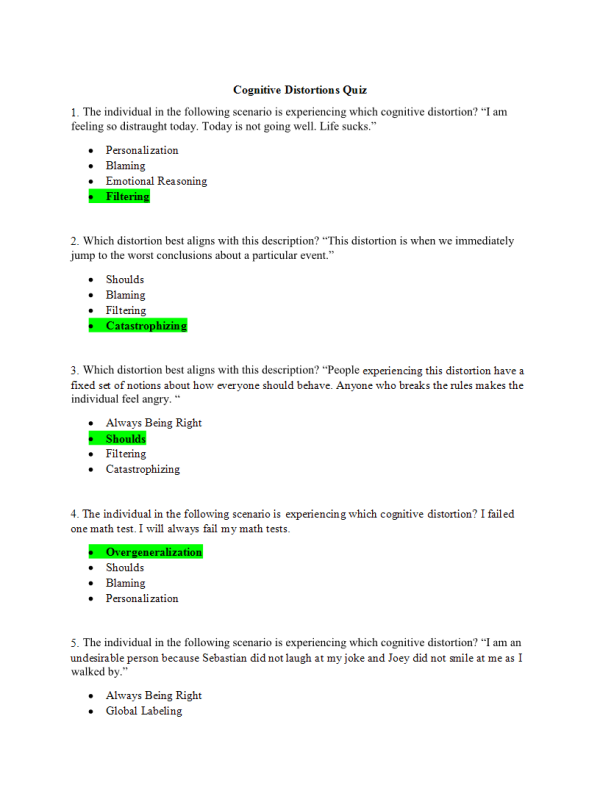 PHI 105 Topic 3 Cognitive Distortions Quiz (Collection)