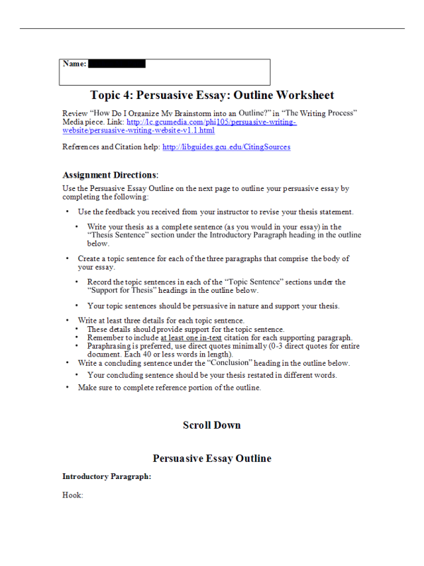 PHI 105 Topic 4 Assignment; Persuasive Essay; Outline Worksheet