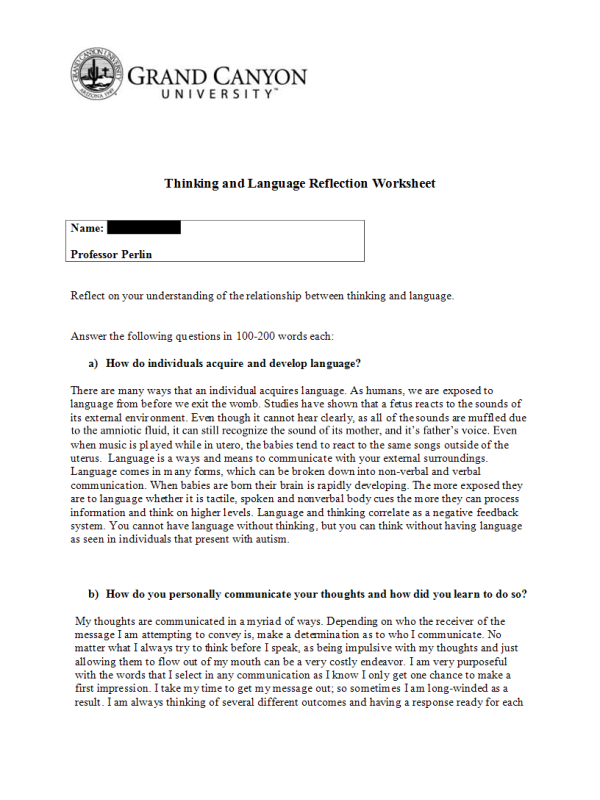 PHI 105 Topic 5 Assignment; Thinking and Language Reflection Worksheet