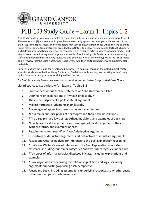 PHI 103 Week 4, Topic 2 Study Guide for Exam 1; Topics 1-2