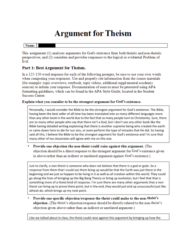 PHI 103 Week 6, Topic 3 Assessment; Best Argument for Theism